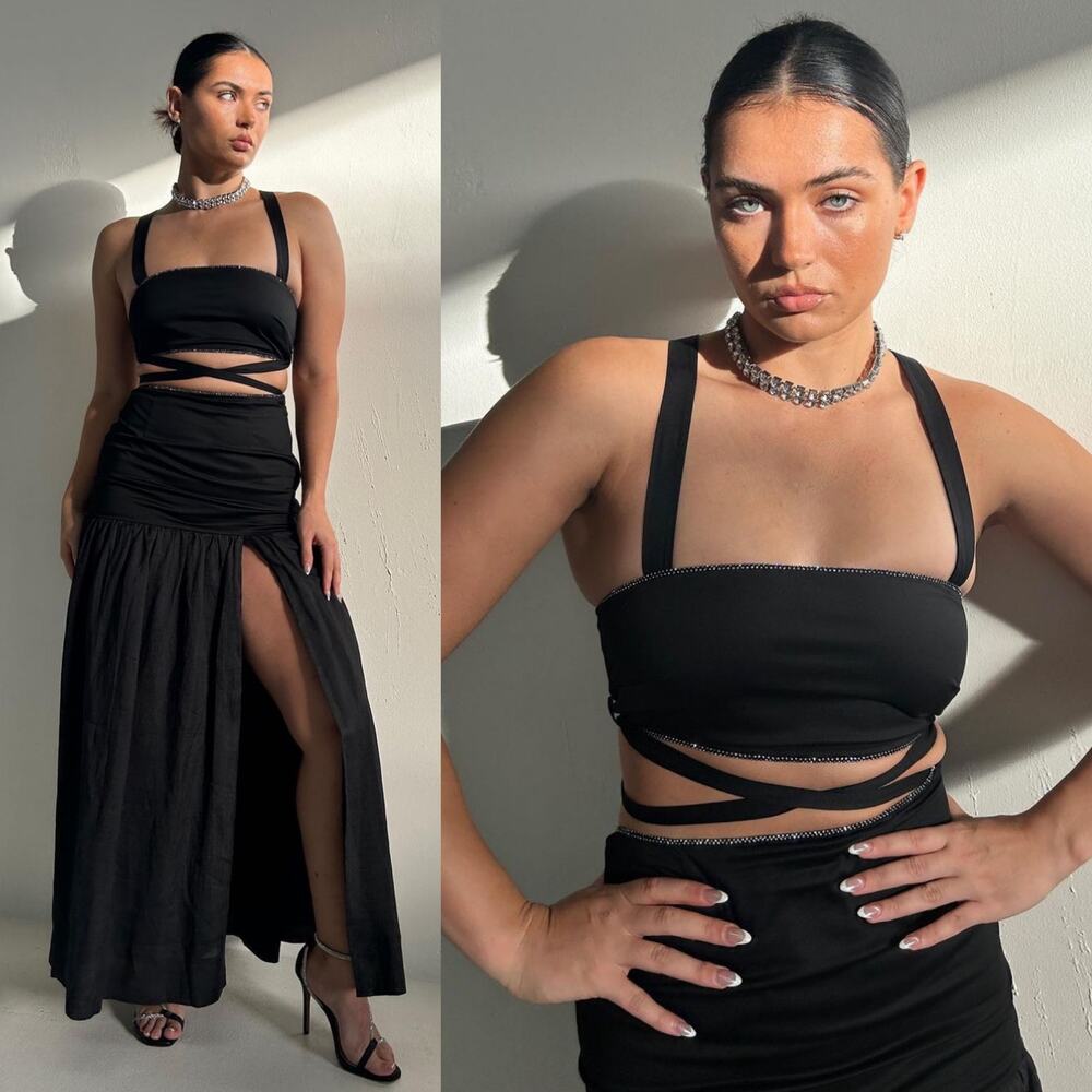 NWT Free People Hansen & Gretel Moonstruck Set Black Rhinestone Maxi Skirt Small